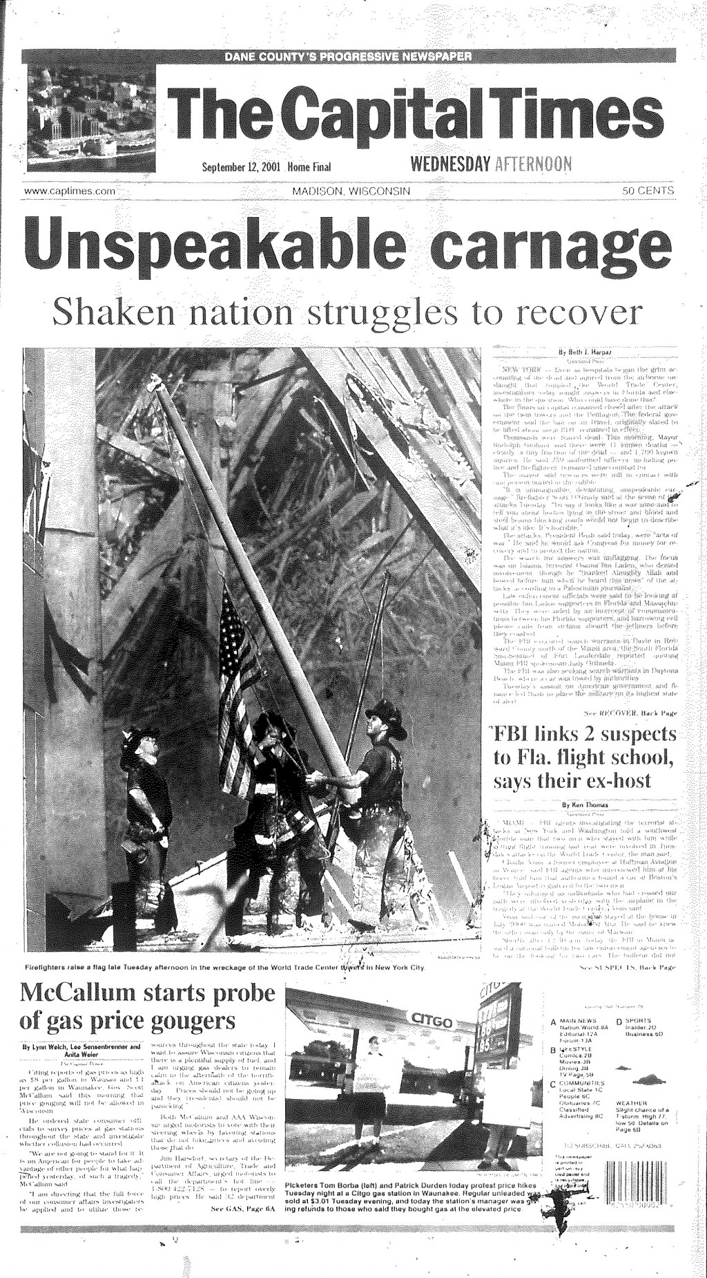 Capital Times front page from Sept. 12, 2001